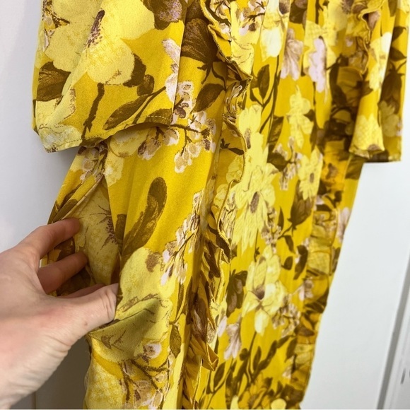 Happy x Nature Shift Dress Yellow Floral Ruffles Pockets Tie Neck NWT Women's M - Picture 6 of 10